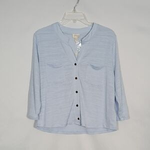 NWT Greige Halogen Blue 3/4 Long Sleeve Roll Tab Crinkle Knit Blouse Women Sz Sm